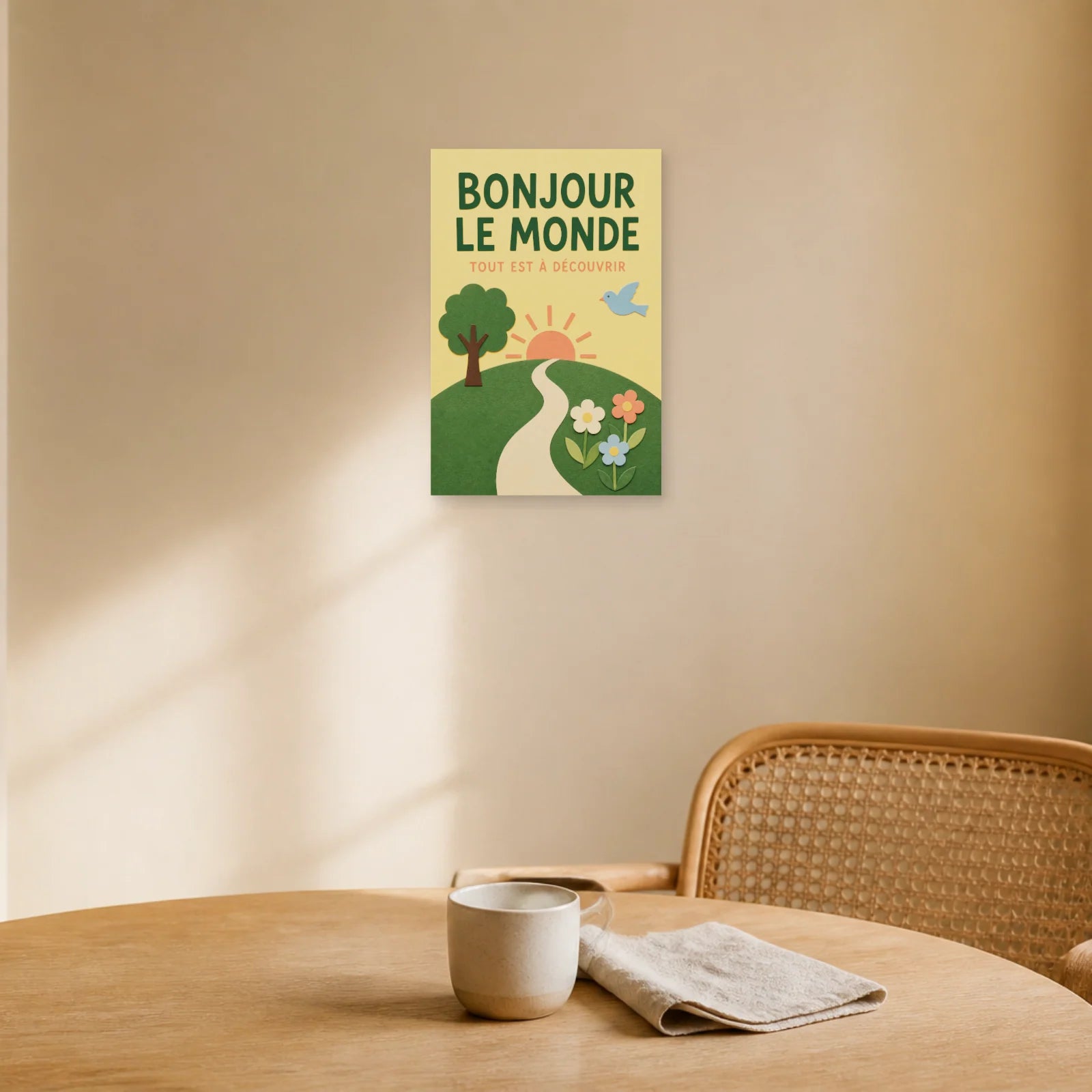 Affiche Bonjour le Monde – Tout Est à Découvrir dans une salle à manger - Art Virtuoso