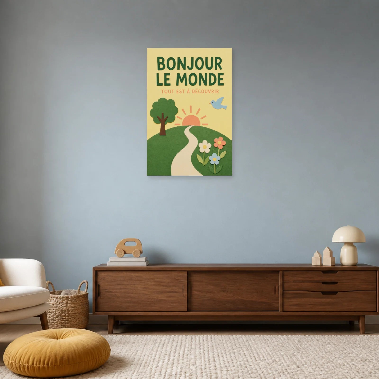 Affiche Bonjour le Monde – Tout Est à Découvrir dans un salon - Art Virtuoso