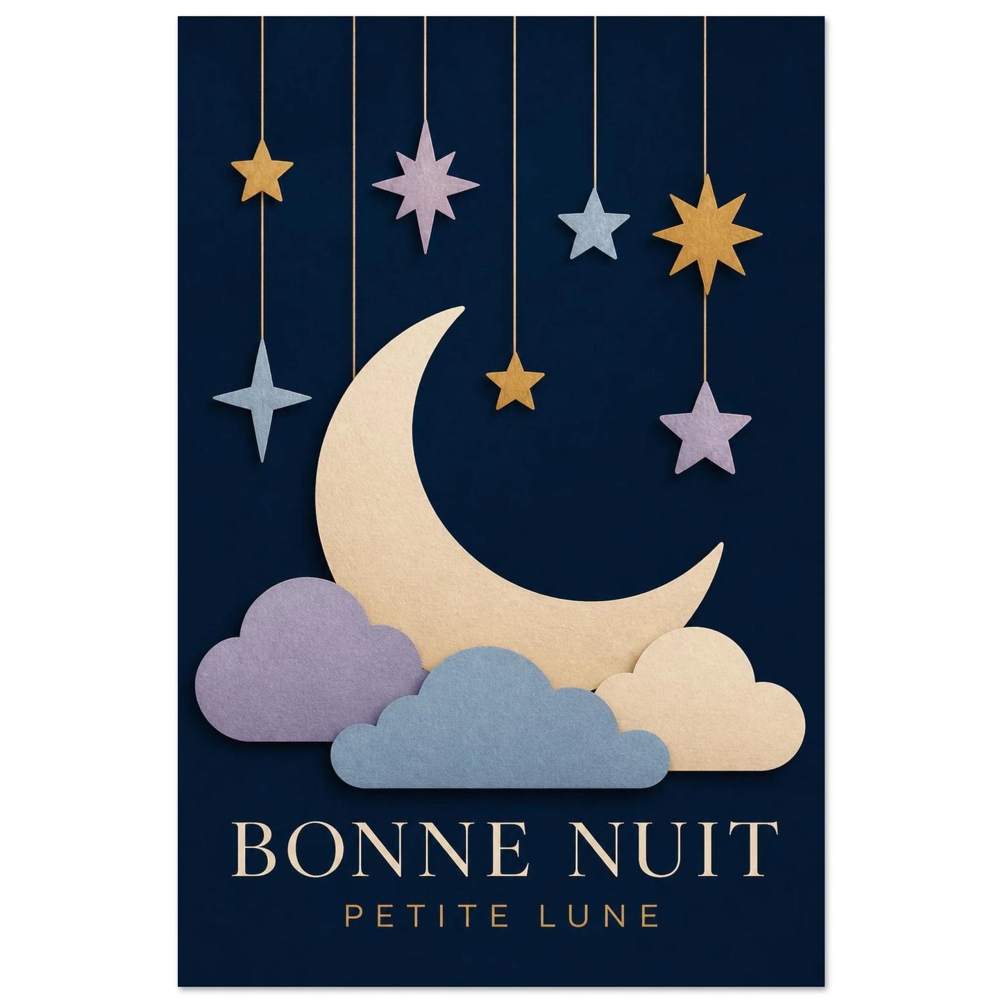 Affiche Bonne Nuit – Petite Lune, collage illustré verticale, format 60 × 90 cm