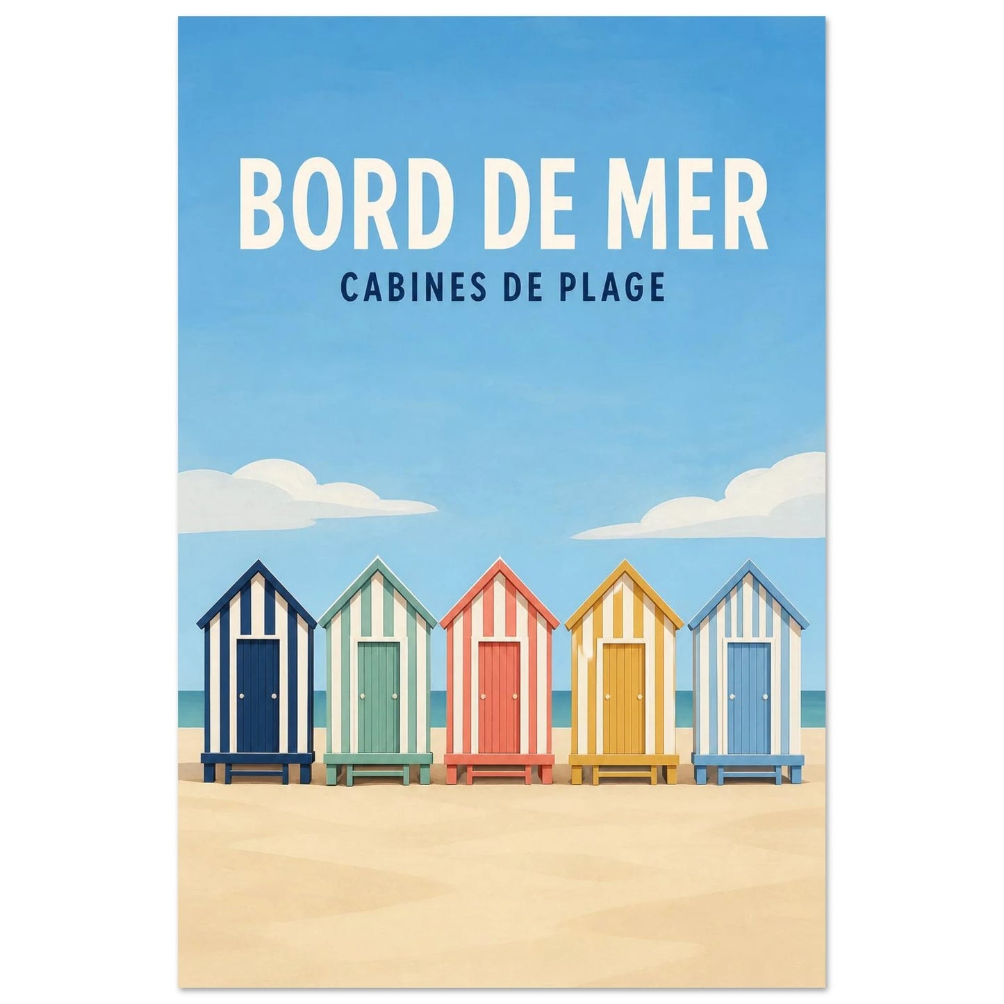 Affiche Bord de Mer – Cabines de Plage, papier découpé et gouache verticale, format 30 × 45 cm