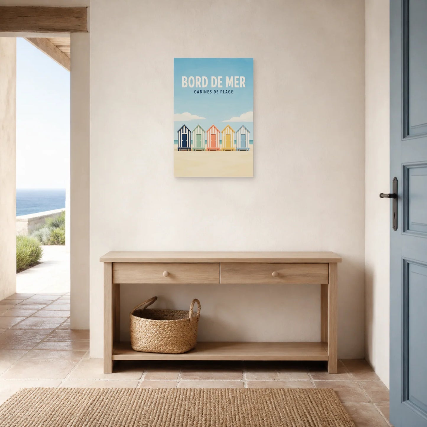 Affiche Bord de Mer – Cabines de Plage dans une entrée ou un couloir - Art Virtuoso