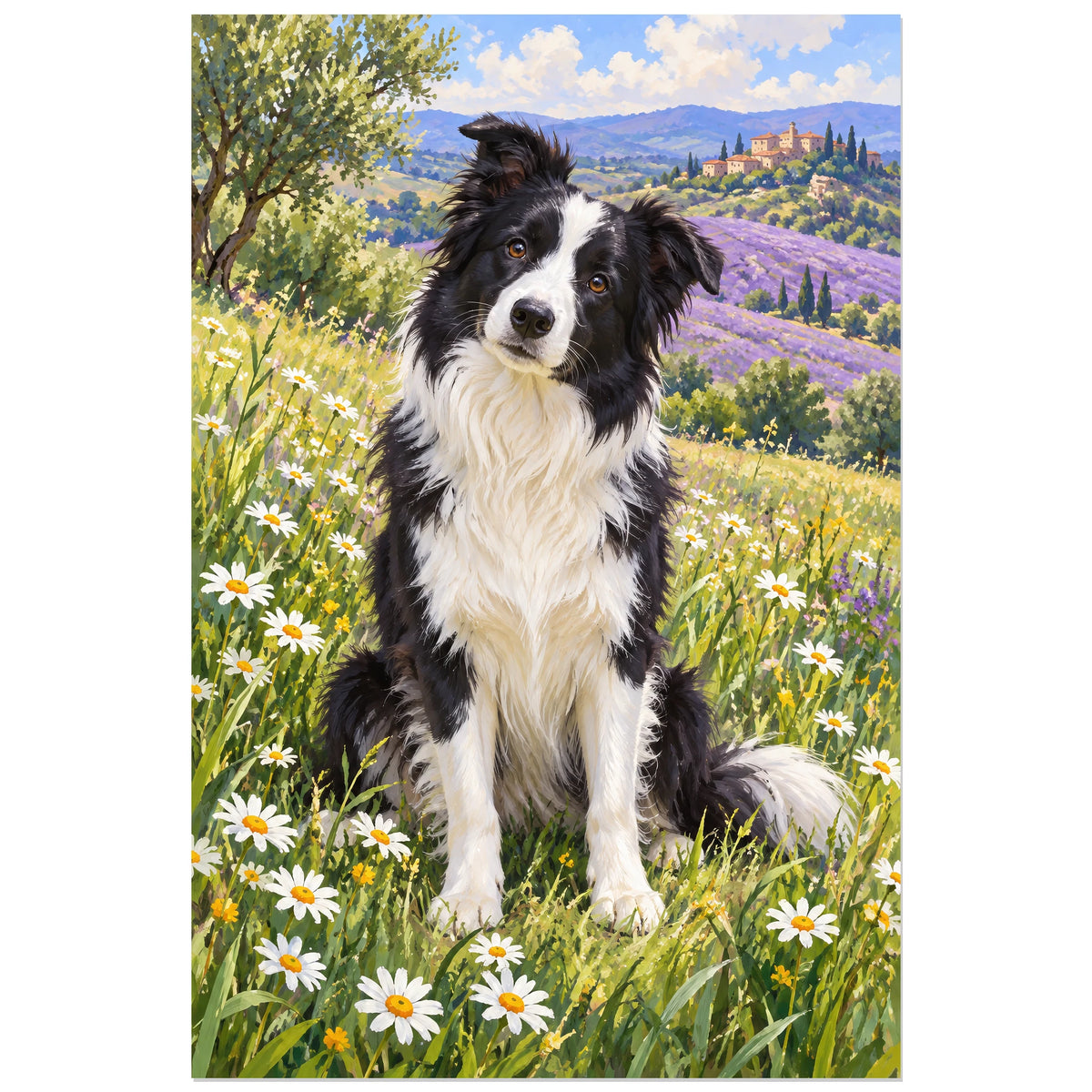 Affiche Border collie – Prairie de lumière, gouache figurative / paysage floral verticale, format 30 × 45 cm