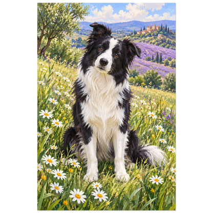 Affiche Border collie – Prairie de lumière, gouache figurative / paysage floral verticale, format 60 × 90 cm