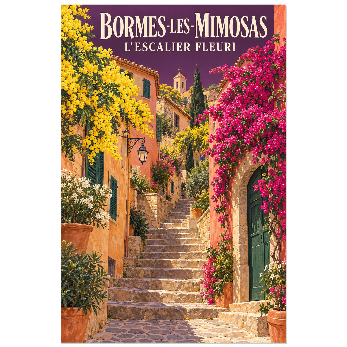 Affiche Bormes-les-Mimosas - L'escalier fleuri, illustration peinte / affiche de voyage rétro verticale, format 30 × 45 cm