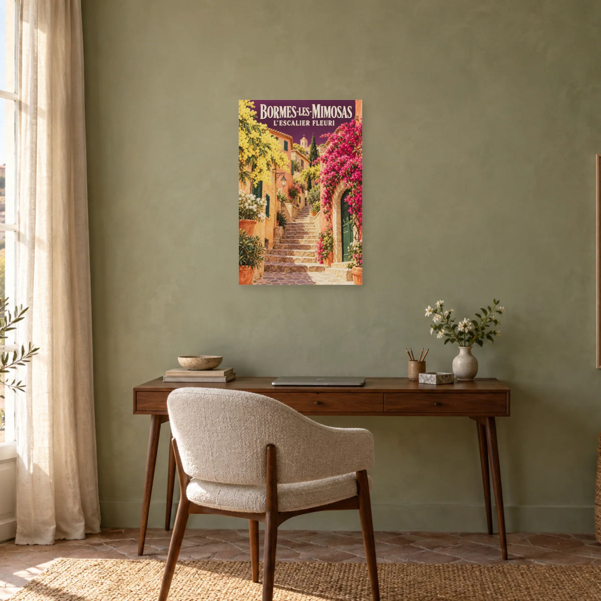 Affiche Bormes-les-Mimosas - L'escalier fleuri dans un bureau - Art Virtuoso