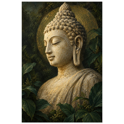 Visage sculptural de Bouddha et feuillages, affiche 30 × 45 cm