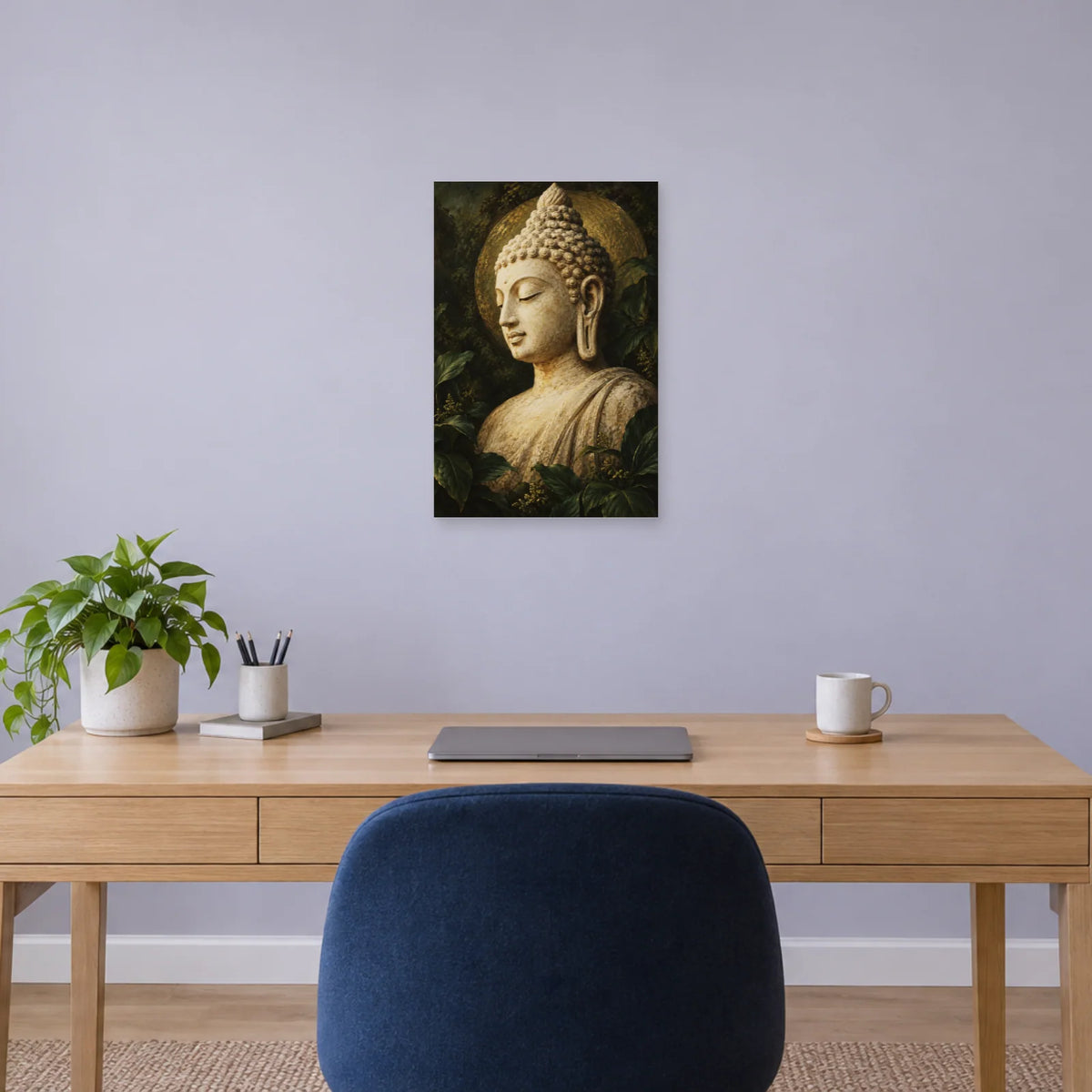 Affiche Bouddha - Visage de pierre et jade dans un bureau - Art Virtuoso