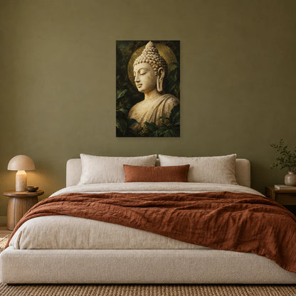 Affiche Bouddha - Visage de pierre et jade dans une chambre - Art Virtuoso