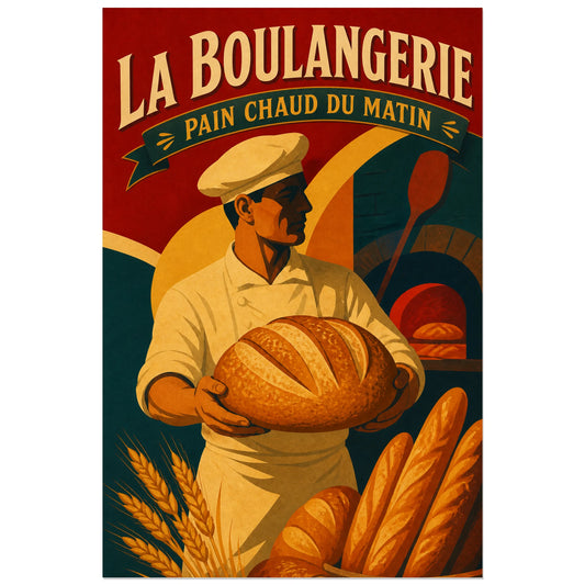 Affiche La Boulangerie – Pain Chaud du Matin, réclame artisanale française des années 1940 à 1950 au lettrage peint verticale, format 30 × 45 cm