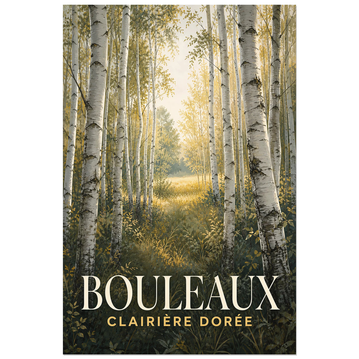 Affiche Bouleaux – Clairière Dorée, gouache paysagère contemporaine verticale, format 30 × 45 cm