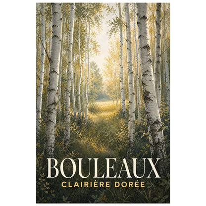 Affiche Bouleaux – Clairière Dorée, gouache paysagère contemporaine verticale, format 30 × 45 cm