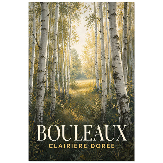 Affiche Bouleaux – Clairière Dorée, gouache paysagère contemporaine verticale, format 30 × 45 cm