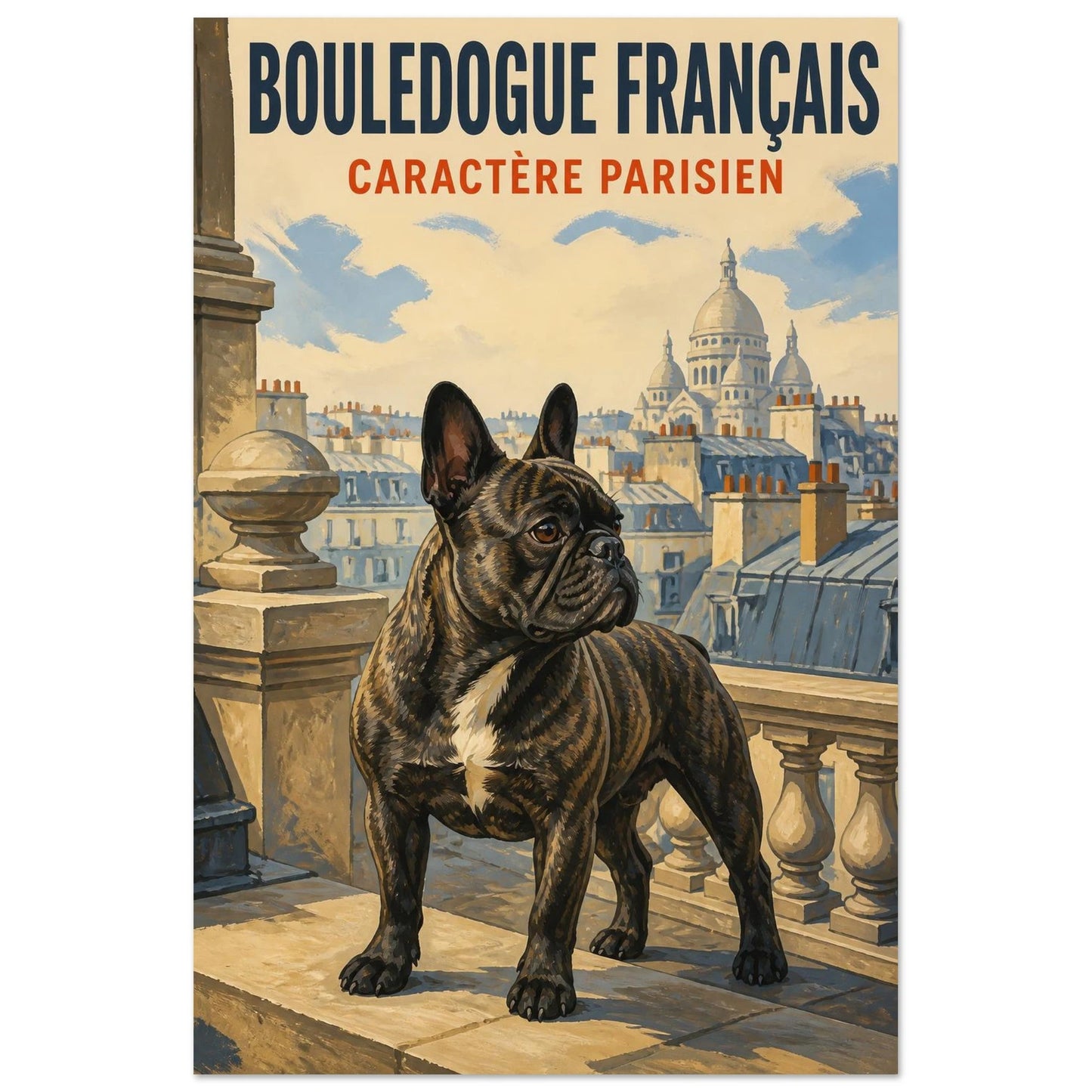 Affiche Bouledogue Français – Caractère Parisien, gouache contemporaine verticale, format 40 × 60 cm
