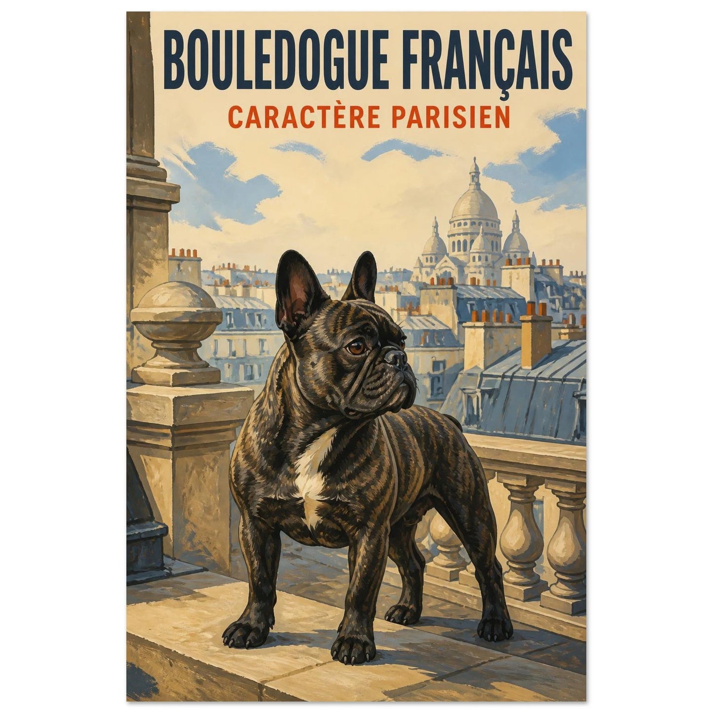 Affiche Bouledogue Français – Caractère Parisien, gouache contemporaine verticale, format 60 × 90 cm