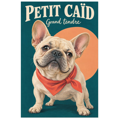 Affiche Bouledogue français – Petit caïd, gouache figurative / affiche humoristique verticale, format 60 × 90 cm