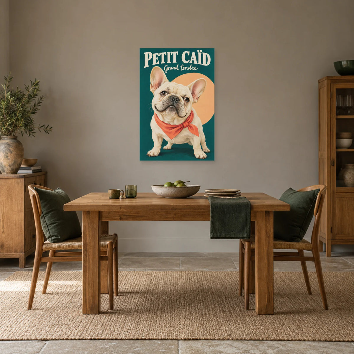 Affiche Bouledogue français - Petit caïd dans une salle à manger - Art Virtuoso