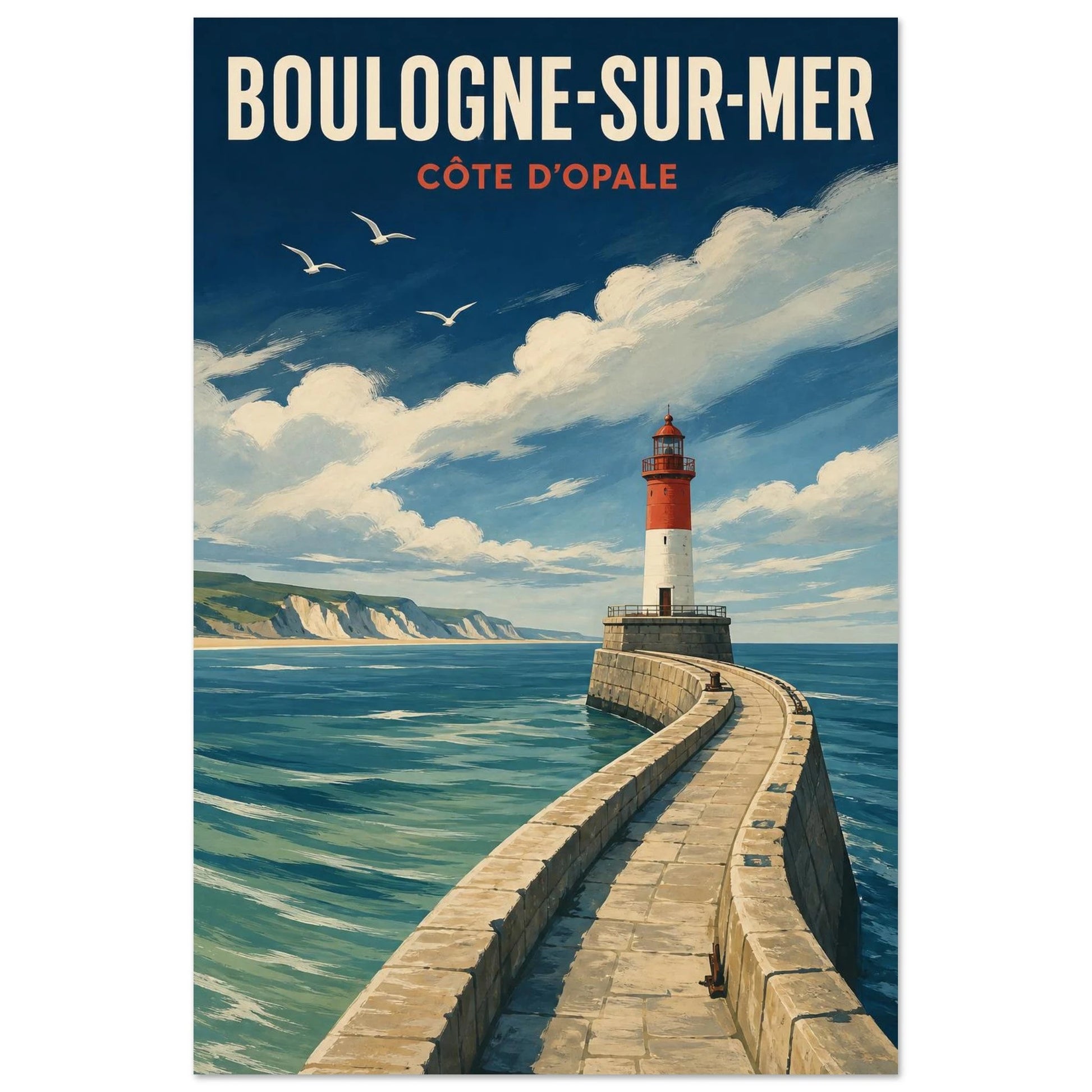 Affiche Boulogne-sur-Mer – Côte d’Opale, sérigraphie illustrée verticale, format 30 × 45 cm