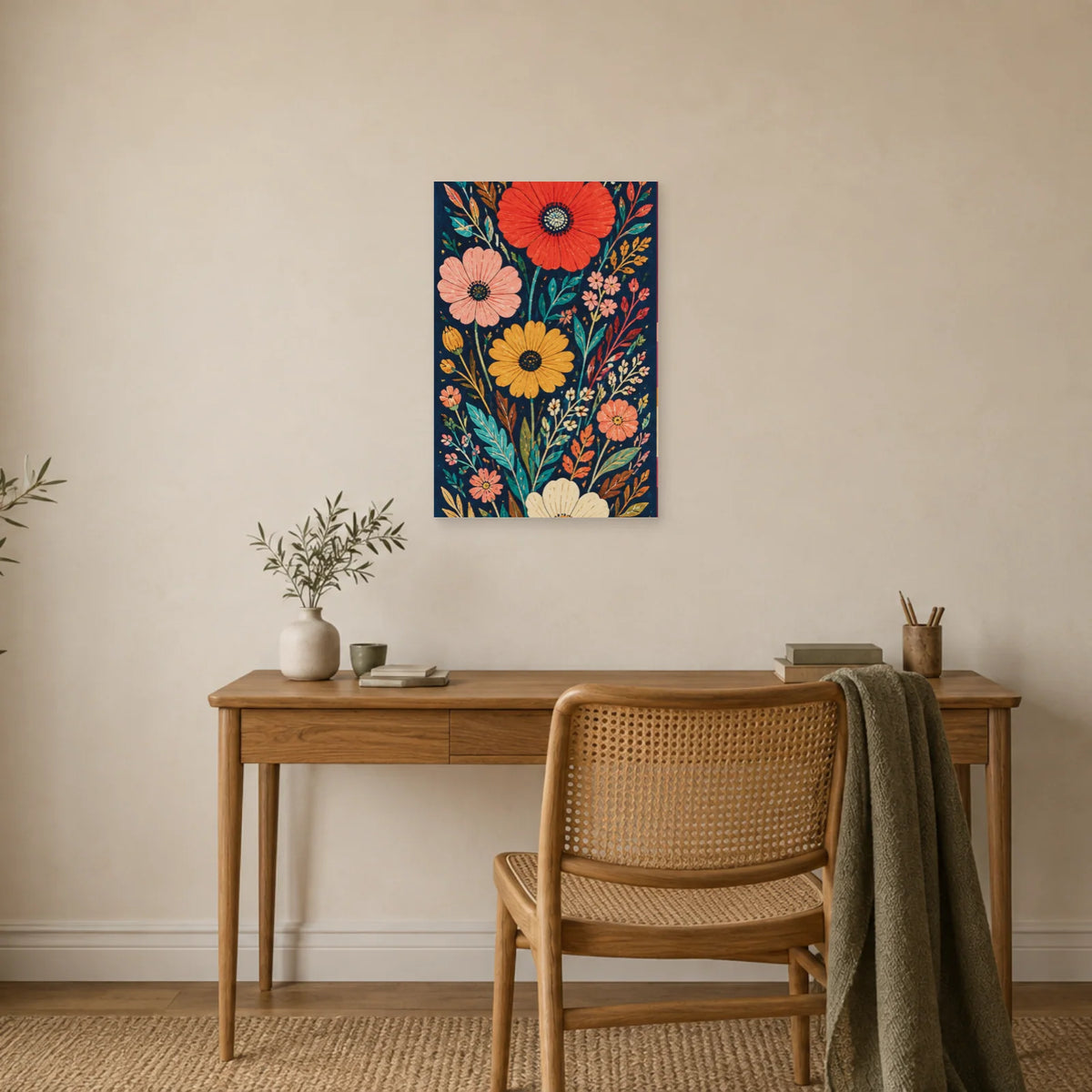 Affiche Bouquet folk sur bleu nuit dans un bureau - Art Virtuoso