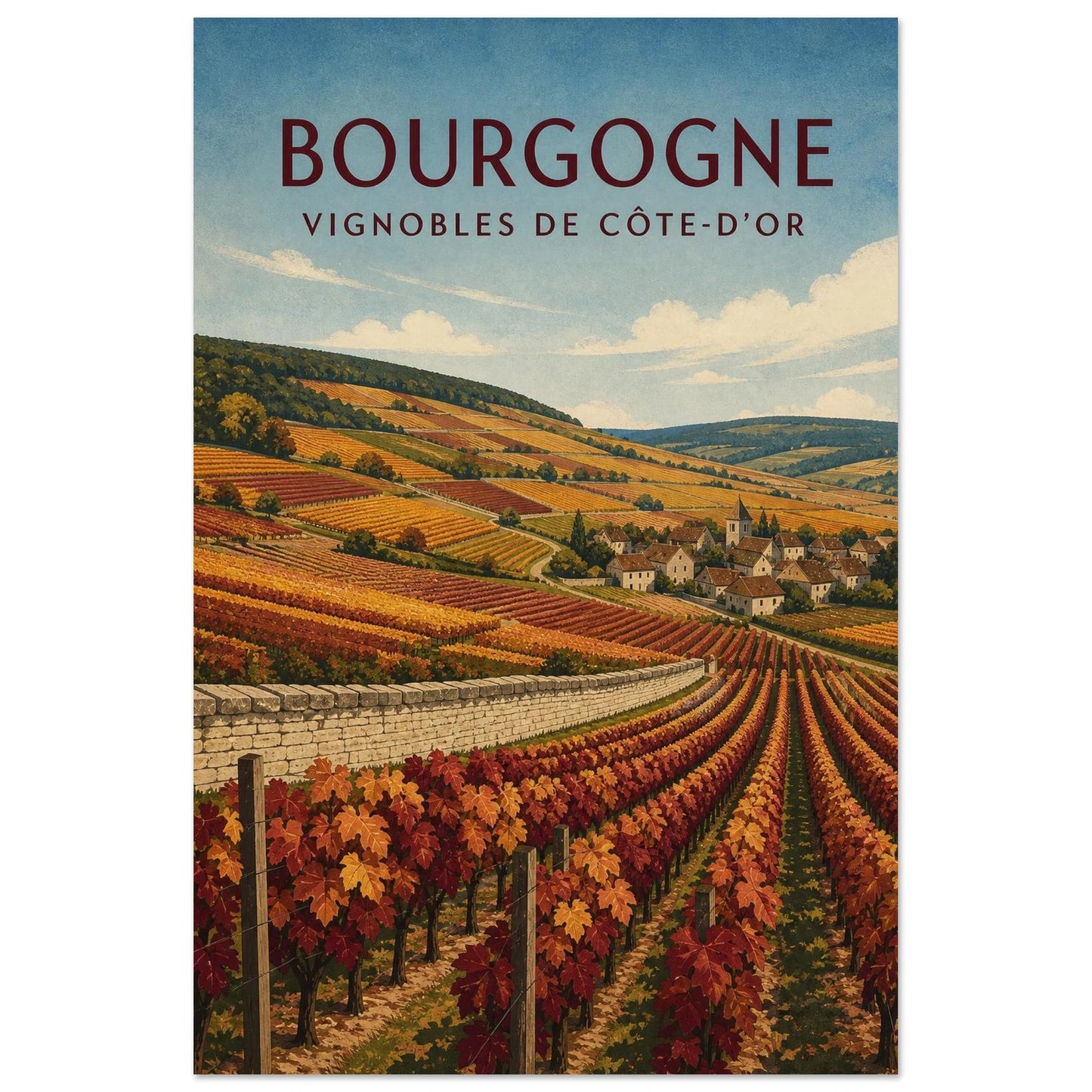 Affiche Bourgogne – Vignobles de Côte-d’Or, illustration graphique verticale, format 30 × 45 cm