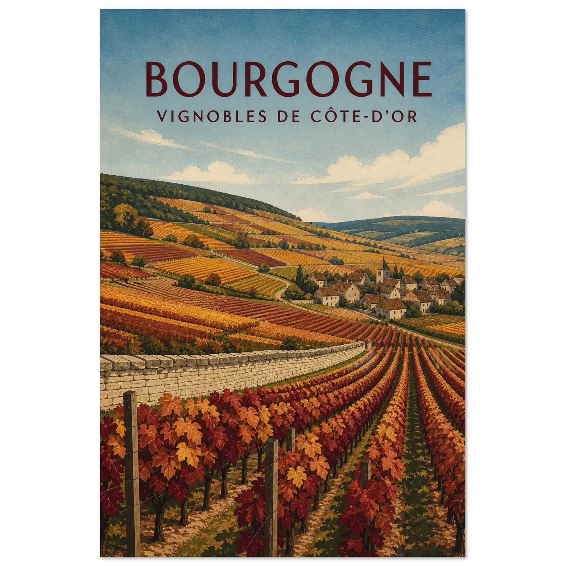 Affiche Bourgogne – Vignobles de Côte-d’Or, illustration graphique verticale, format 30 × 45 cm