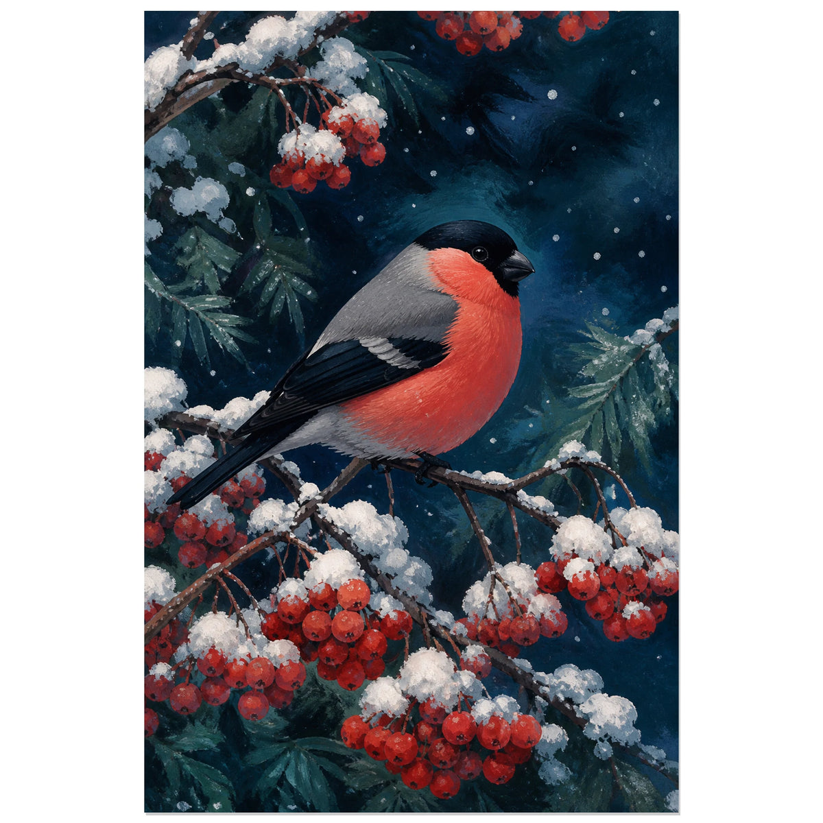 Affiche Bouvreuil pivoine sous la neige, peinture naturaliste hivernale au contraste dramatique verticale, format 40 × 60 cm