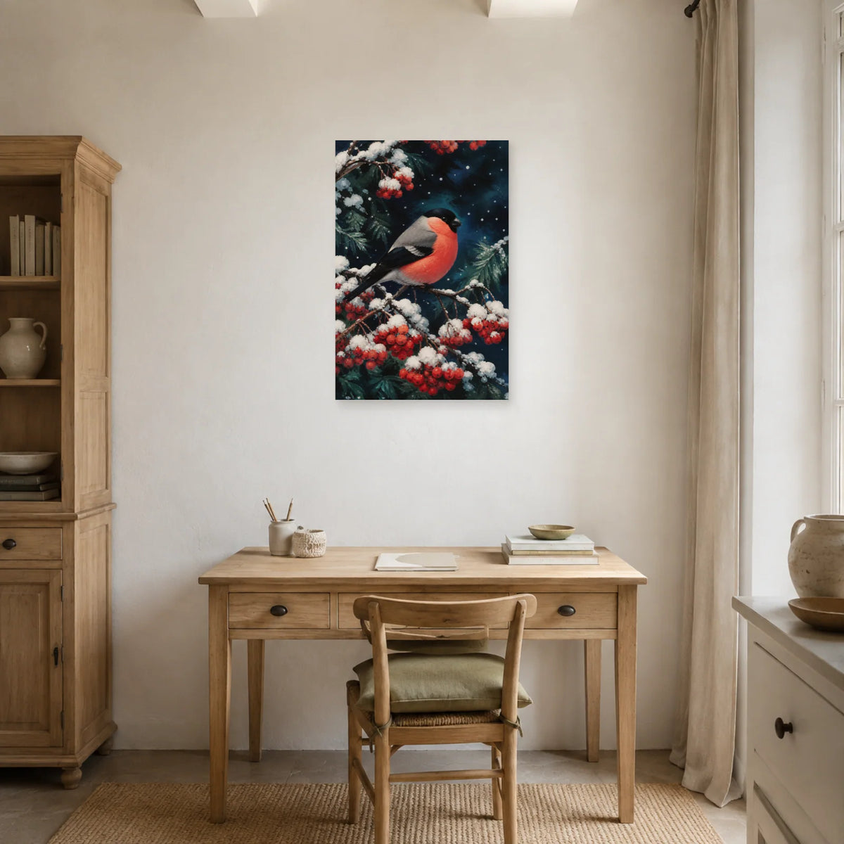 Affiche Bouvreuil pivoine sous la neige dans un bureau - Art Virtuoso