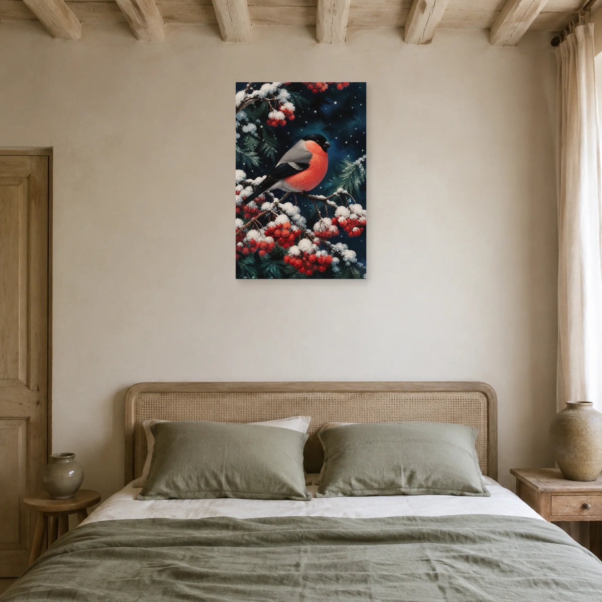 Affiche Bouvreuil pivoine sous la neige dans une chambre - Art Virtuoso