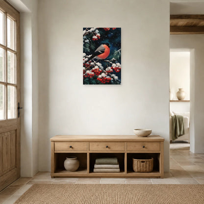 Affiche Bouvreuil pivoine sous la neige dans une entrée ou un couloir - Art Virtuoso