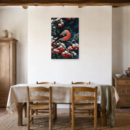 Affiche Bouvreuil pivoine sous la neige dans une salle à manger - Art Virtuoso