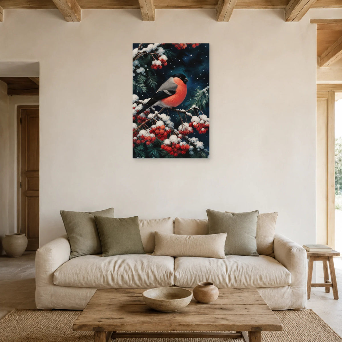 Affiche Bouvreuil pivoine sous la neige dans un salon - Art Virtuoso