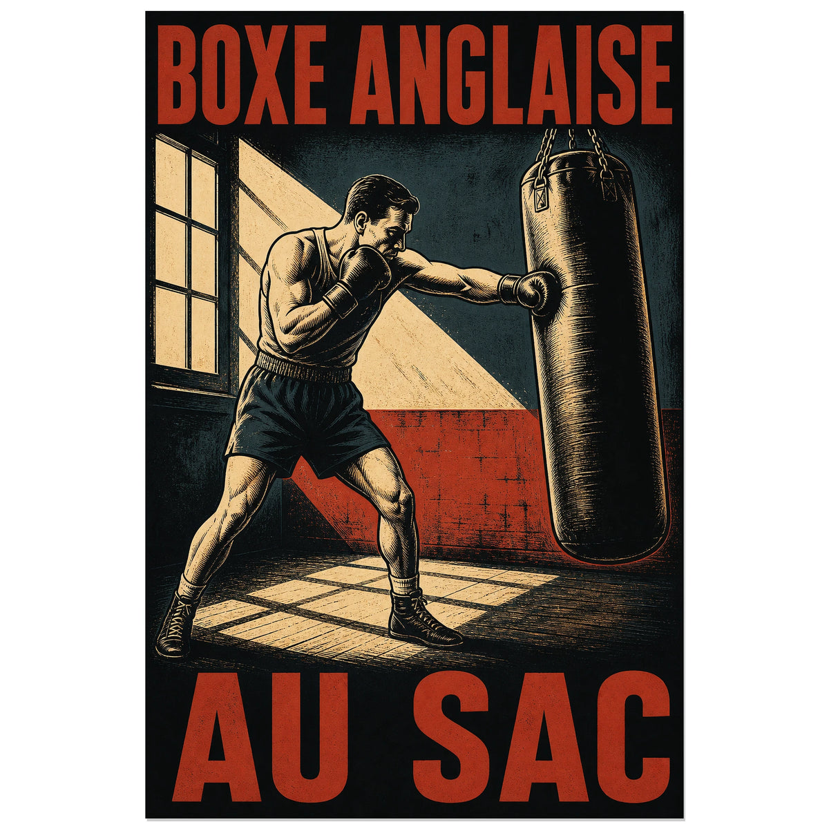 Boxeur frappant un sac de frappe près d'une fenêtre, affiche 30 × 45 cm