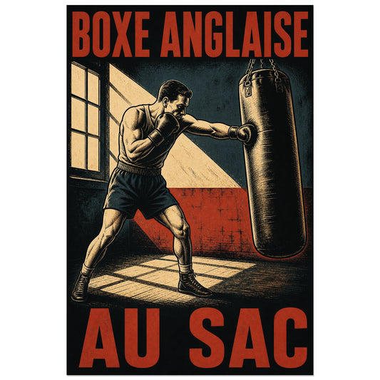 Boxeur frappant un sac de frappe près d'une fenêtre, affiche 30 × 45 cm