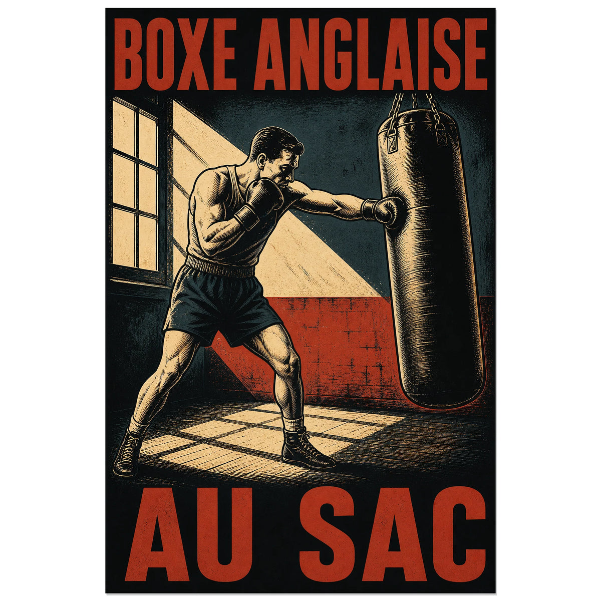 Boxeur et sac suspendu entre deux titres rouges, affiche 60 × 90 cm