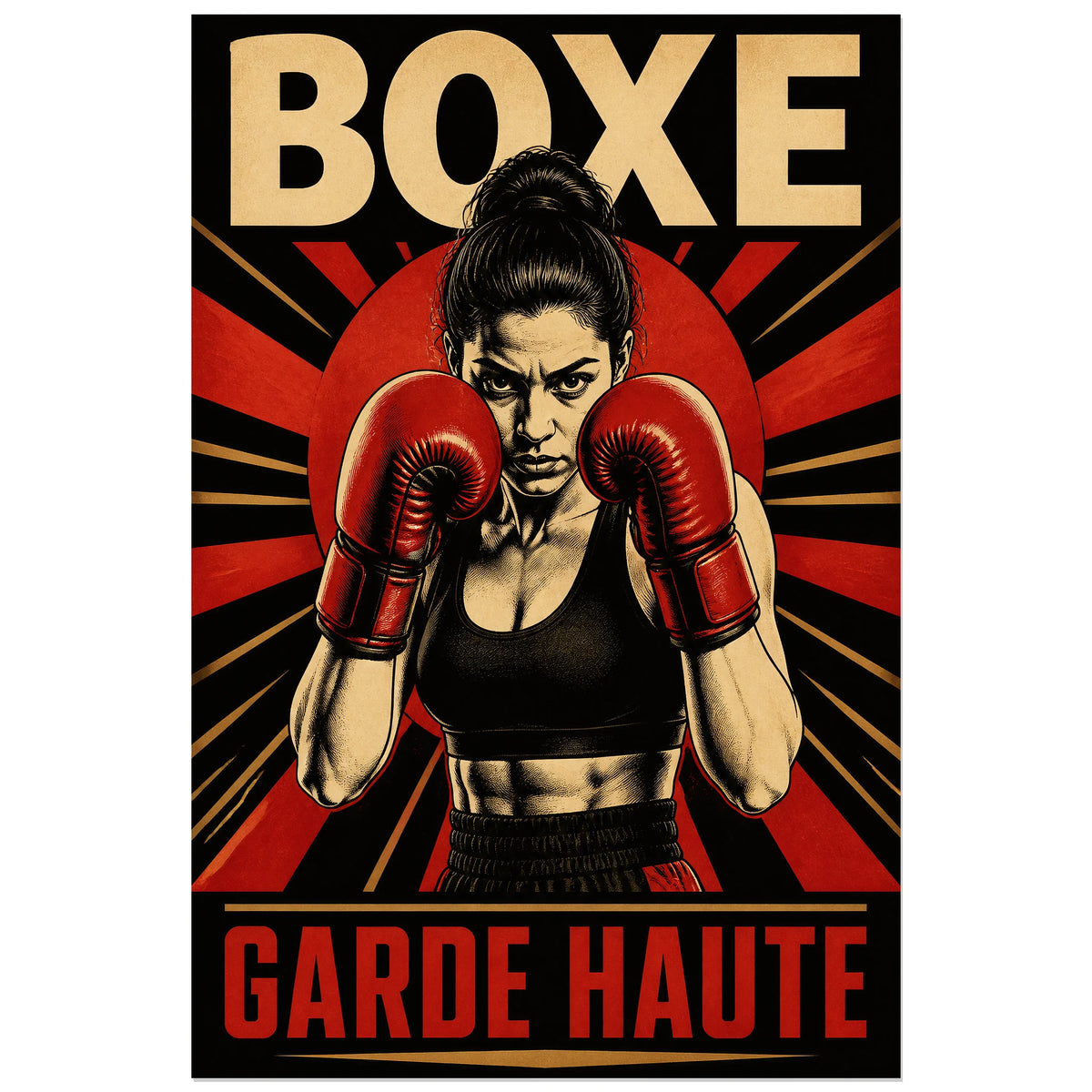 Affiche boxe 40 × 60 cm montrant une sportive en garde haute