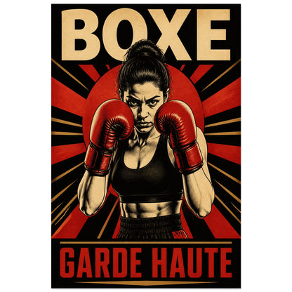 Affiche boxe 40 × 60 cm montrant une sportive en garde haute
