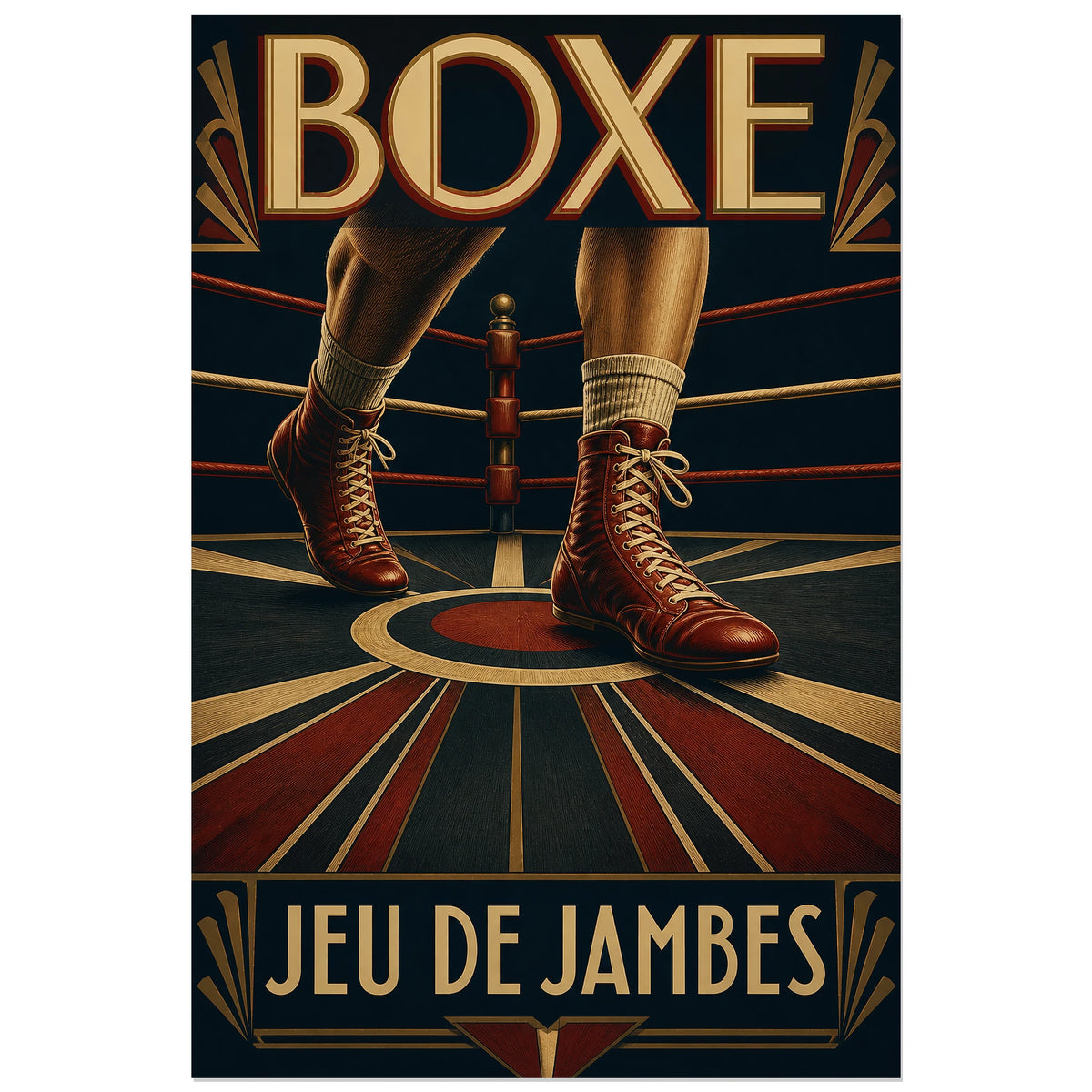 Chaussures de boxe décalées au centre d'un ring, affiche 30 × 45 cm