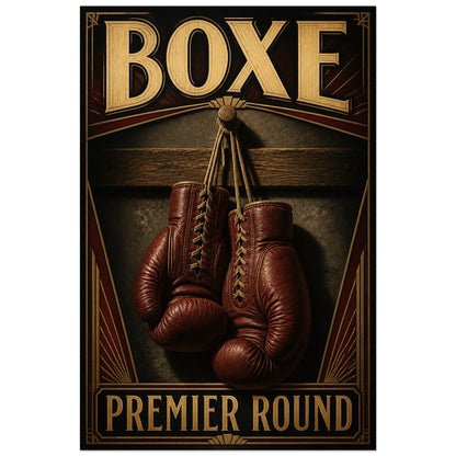 Gants de boxe suspendus et titre Premier round, affiche 30 × 45 cm