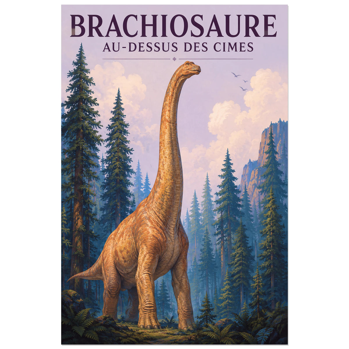 Affiche Brachiosaure – Au-dessus des cimes, illustration naturaliste / gouache paysagère verticale, format 60 × 90 cm