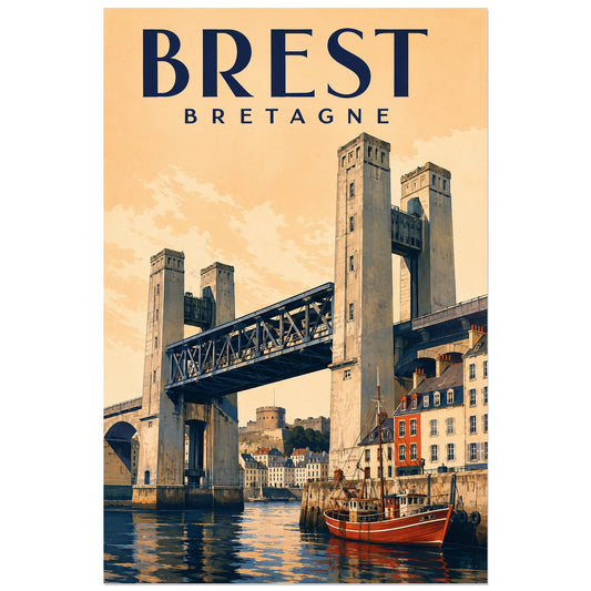 Pont de Recouvrance et embarcation rouge, affiche Brest 30 × 45 cm