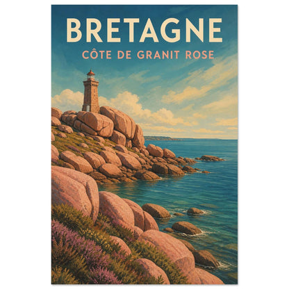 Affiche Bretagne – Côte de Granit Rose, illustration éditoriale verticale, format 40 × 60 cm