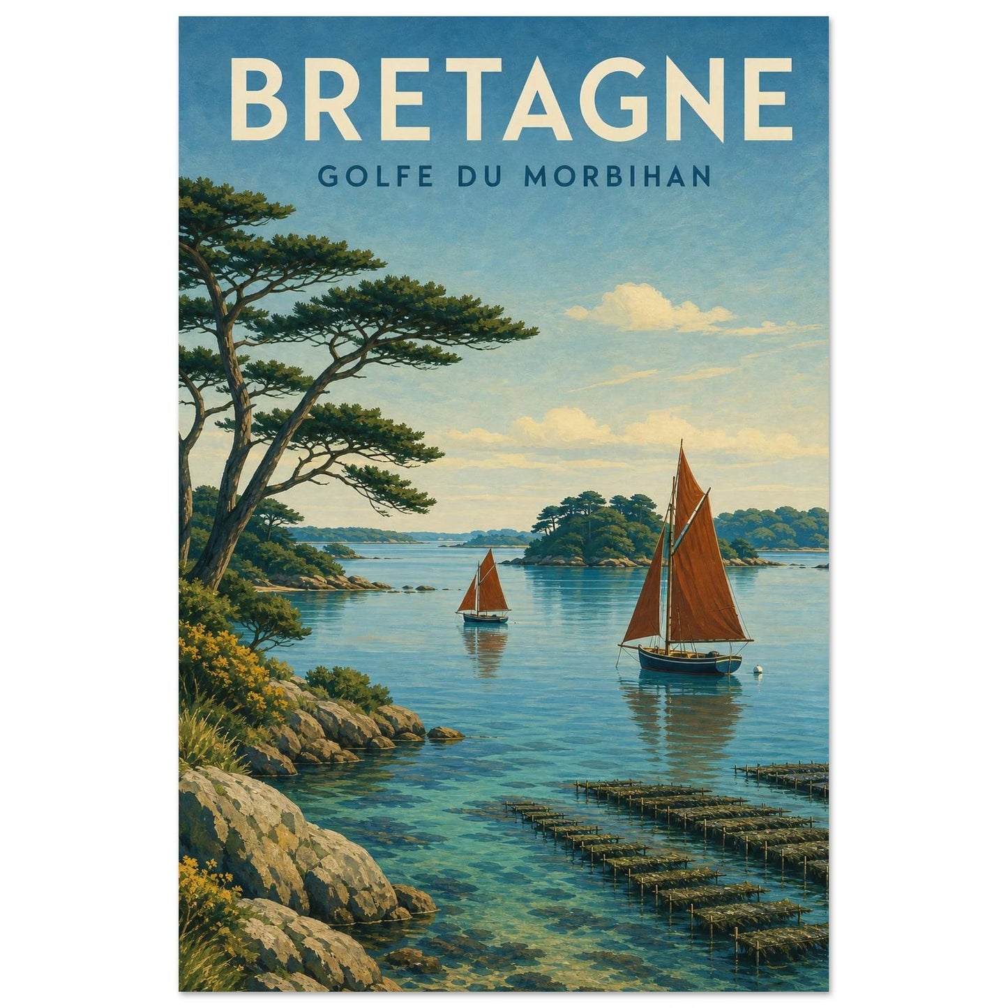 Affiche Bretagne – Golfe du Morbihan, gouache contemporaine verticale, format 30 × 45 cm