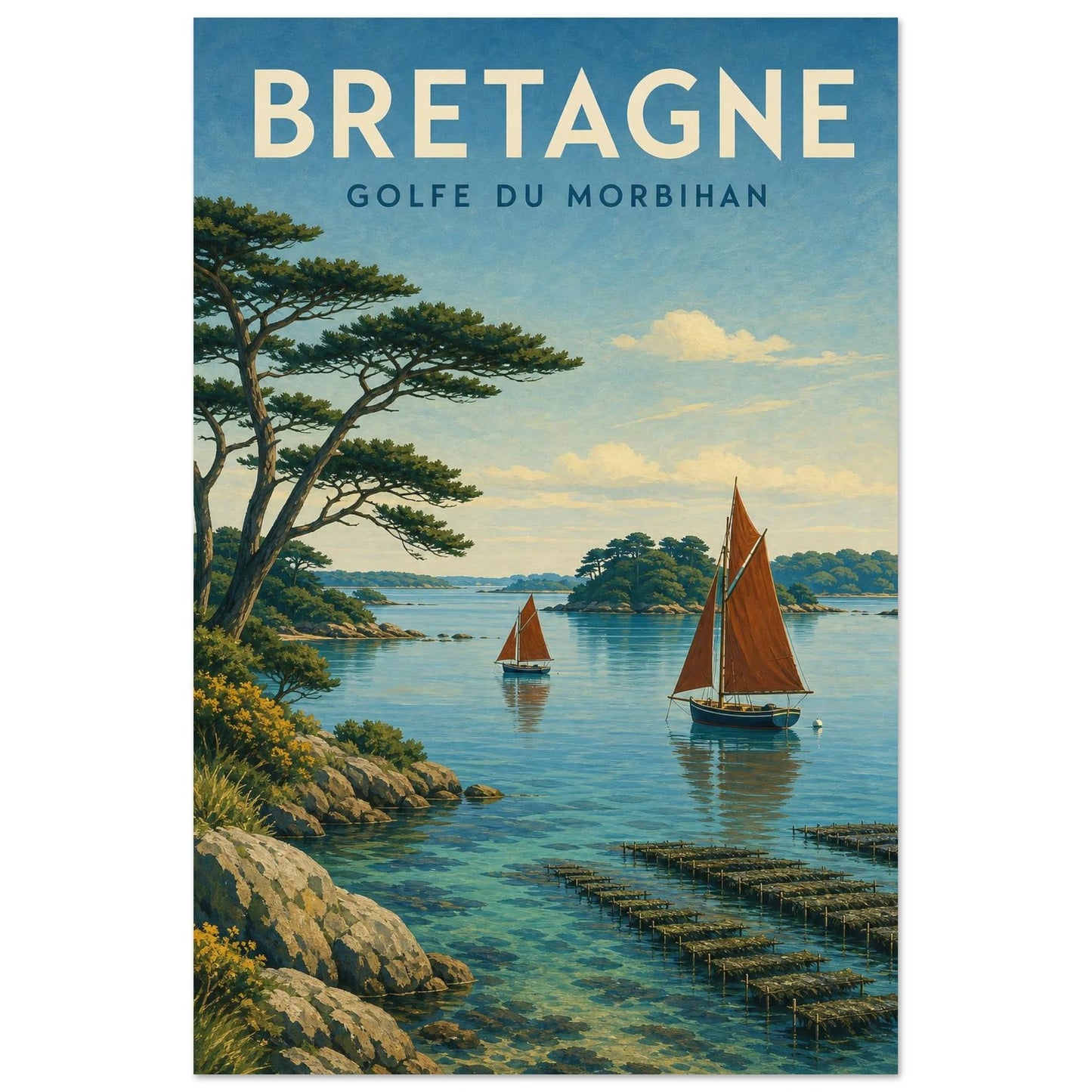 Affiche Bretagne – Golfe du Morbihan, gouache contemporaine verticale, format 60 × 90 cm