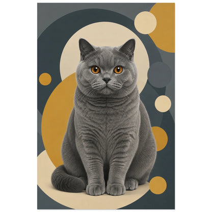 Affiche British Shorthair – Regard cuivre, illustration géométrique / modernisme rétro verticale, format 30 × 45 cm