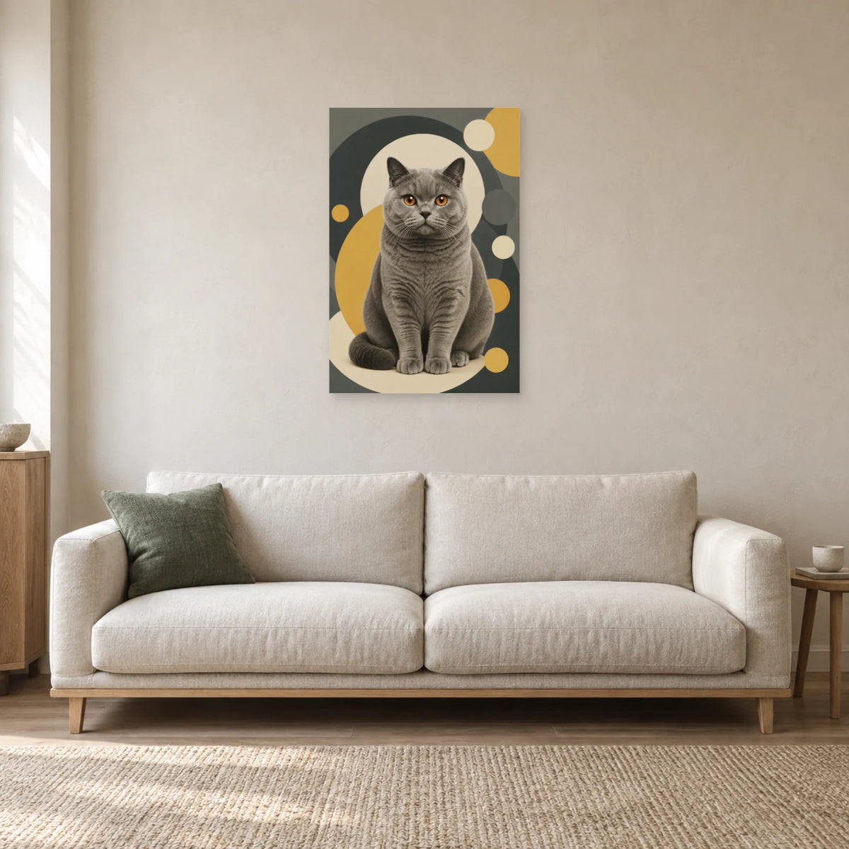 Affiche British Shorthair – Regard cuivre dans un salon - Art Virtuoso