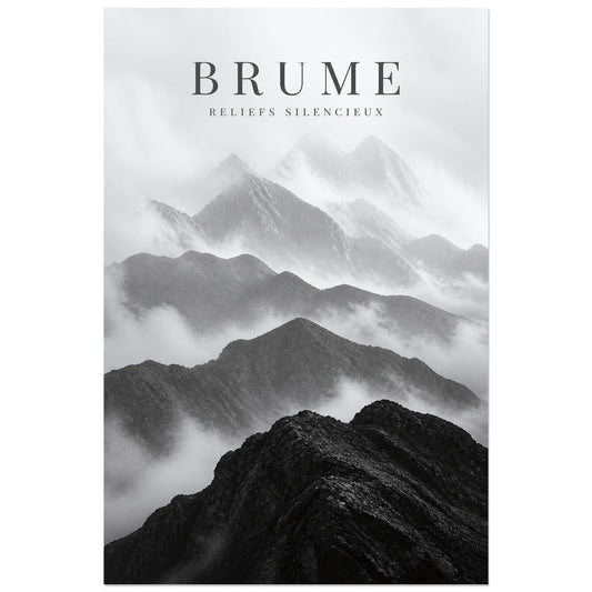 Affiche Brume – Reliefs Silencieux, photographie paysagère monochrome verticale, format 30 × 45 cm