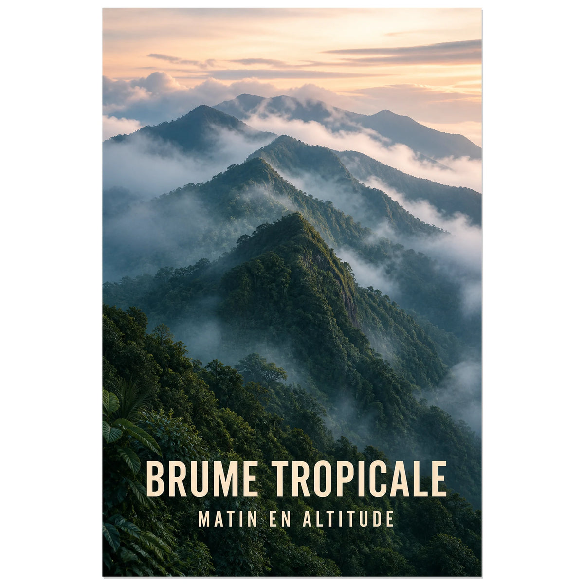 Affiche Brume tropicale – Matin en altitude, photographie atmosphérique de reliefs tropicaux en altitude verticale, format 40 × 60 cm