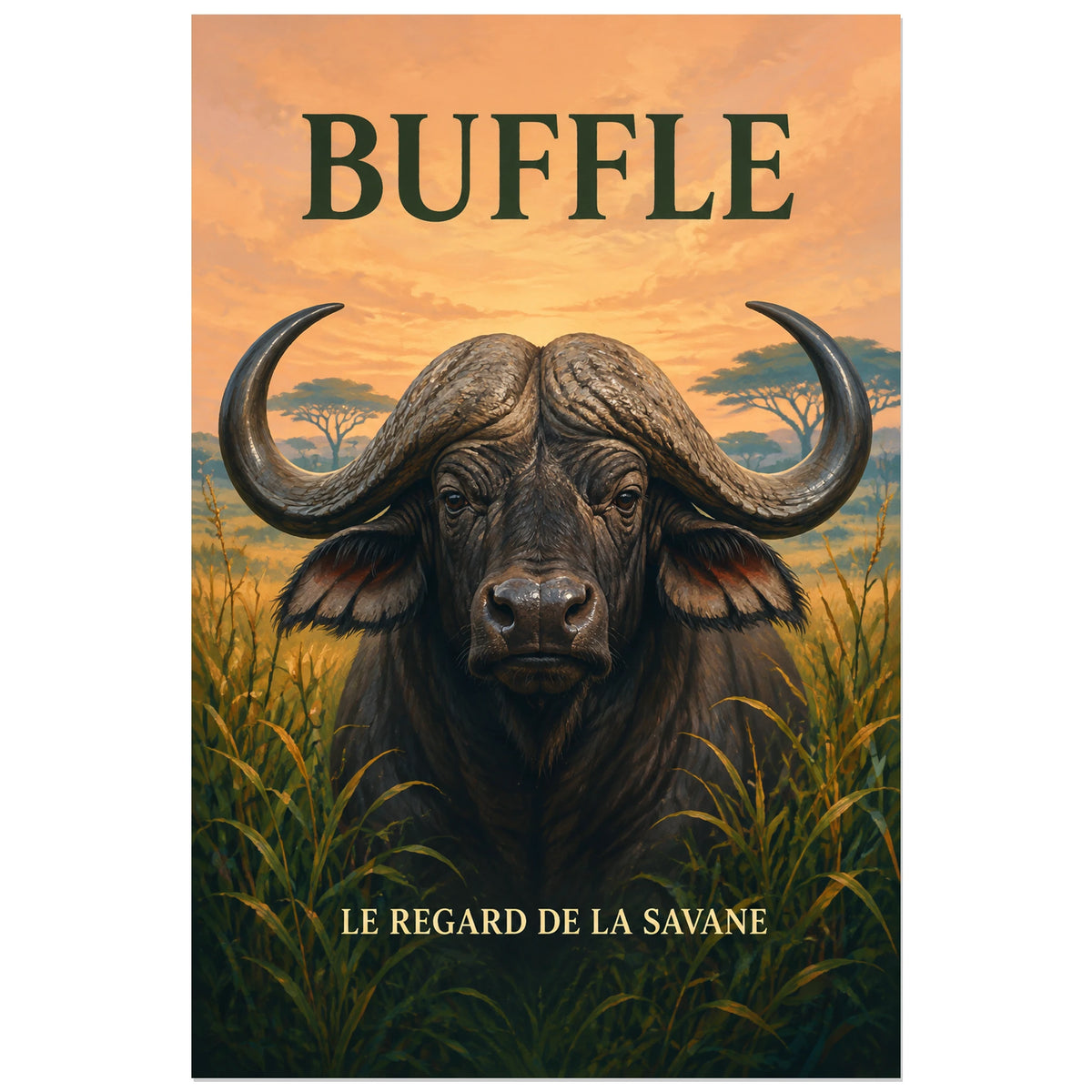 Affiche Buffle, le regard de la savane, illustration naturaliste peinte à typographie intégrée verticale, format 30 × 45 cm