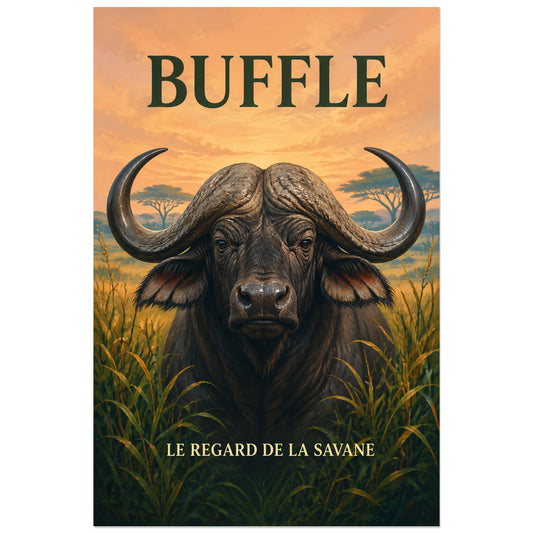 Affiche Buffle, le regard de la savane, illustration naturaliste peinte à typographie intégrée verticale, format 30 × 45 cm
