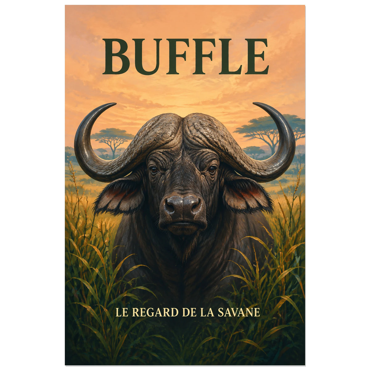 Affiche Buffle, le regard de la savane, illustration naturaliste peinte à typographie intégrée verticale, format 40 × 60 cm