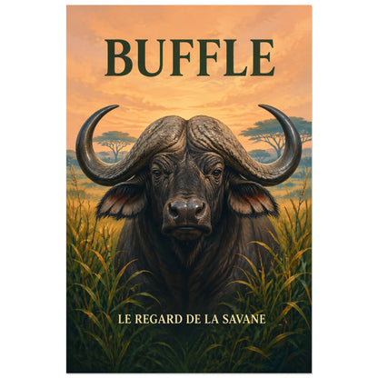 Affiche Buffle, le regard de la savane, illustration naturaliste peinte à typographie intégrée verticale, format 60 × 90 cm